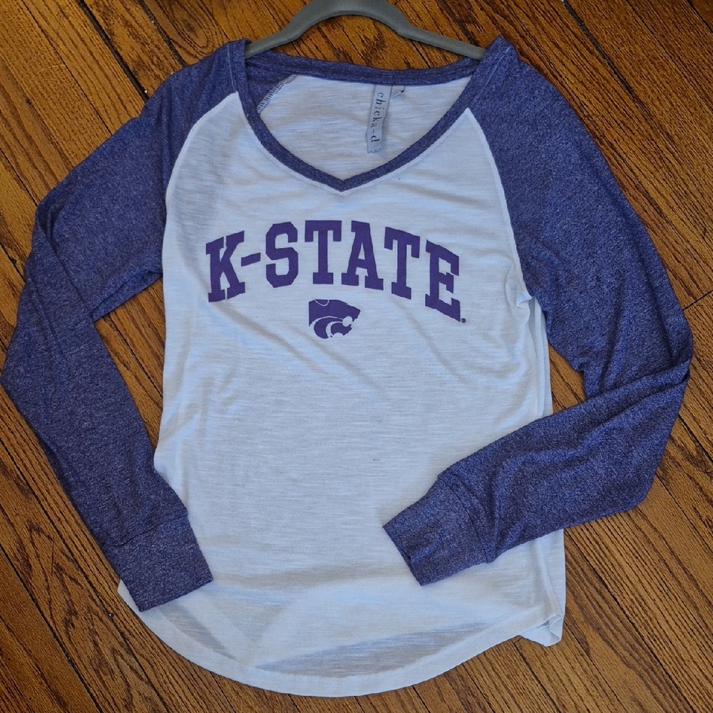 Kansas State Large Purple Long Sleeve Women's Shirt & White Power Cat V Neck EUC